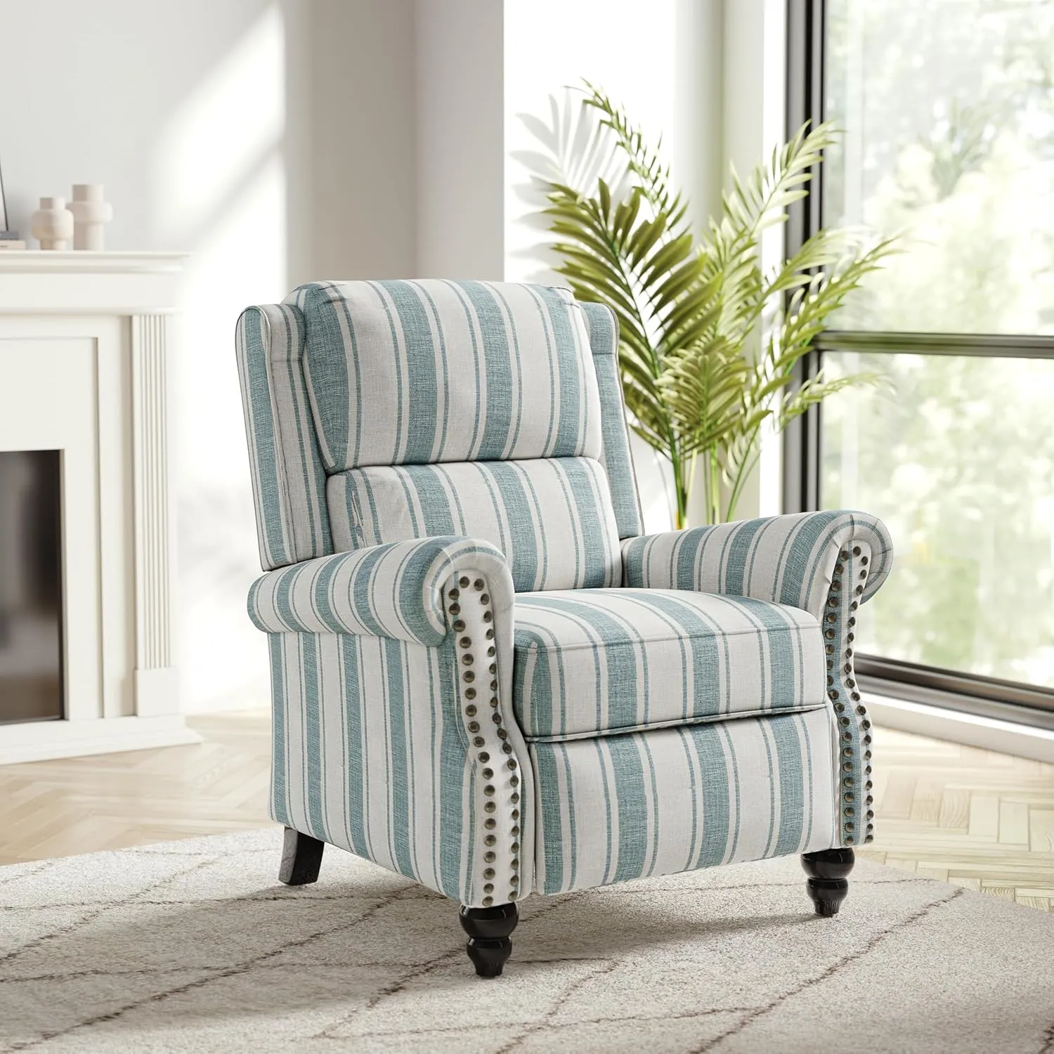 Recliner Chair, Modern Pushback Armchair with Adjustable Backrest & Footrest for Bedroom, Living Room (Blue Stripe,Set of 2)