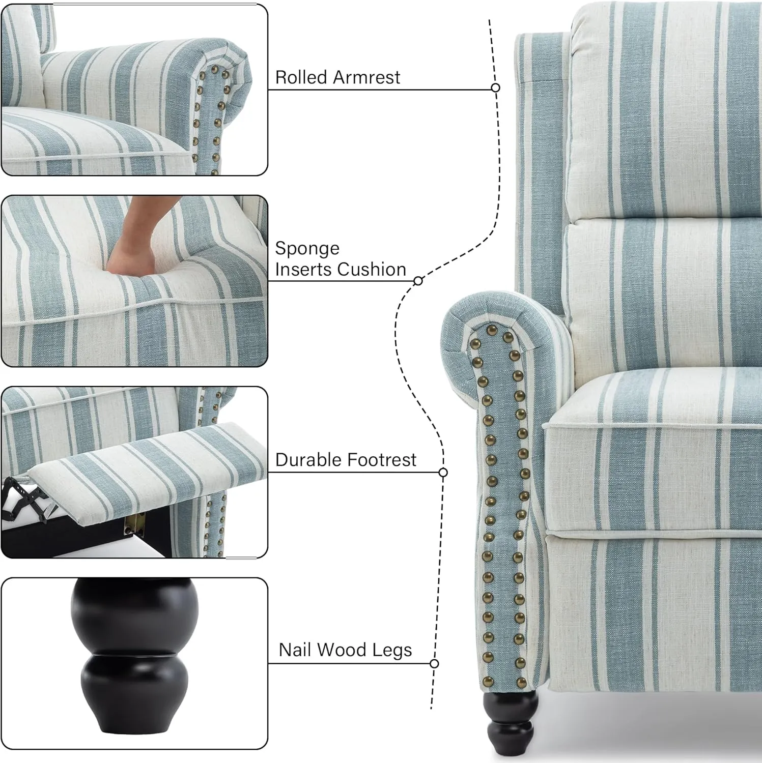 Recliner Chair, Modern Pushback Armchair with Adjustable Backrest & Footrest for Bedroom, Living Room (Blue Stripe,Set of 2)