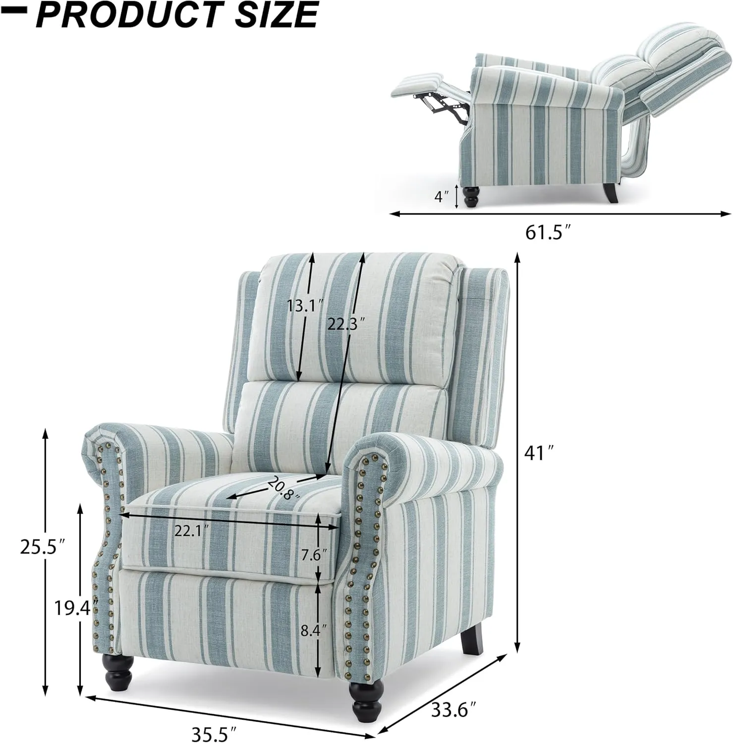 Recliner Chair, Modern Pushback Armchair with Adjustable Backrest & Footrest for Bedroom, Living Room (Blue Stripe,Set of 2)