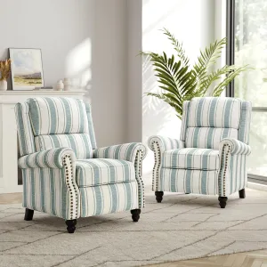 Recliner Chair, Modern Pushback Armchair with Adjustable Backrest & Footrest for Bedroom, Living Room (Blue Stripe,Set of 2)