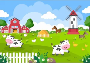 Red Barn Farm Backdrop Windmill Haystack Green Trees Meadow Farmhouse Photography Background Cute Cartoon Farm Animals Backdrop Wallpaper Poster Decors Birthday Baby Shower Background Props 7x5ft