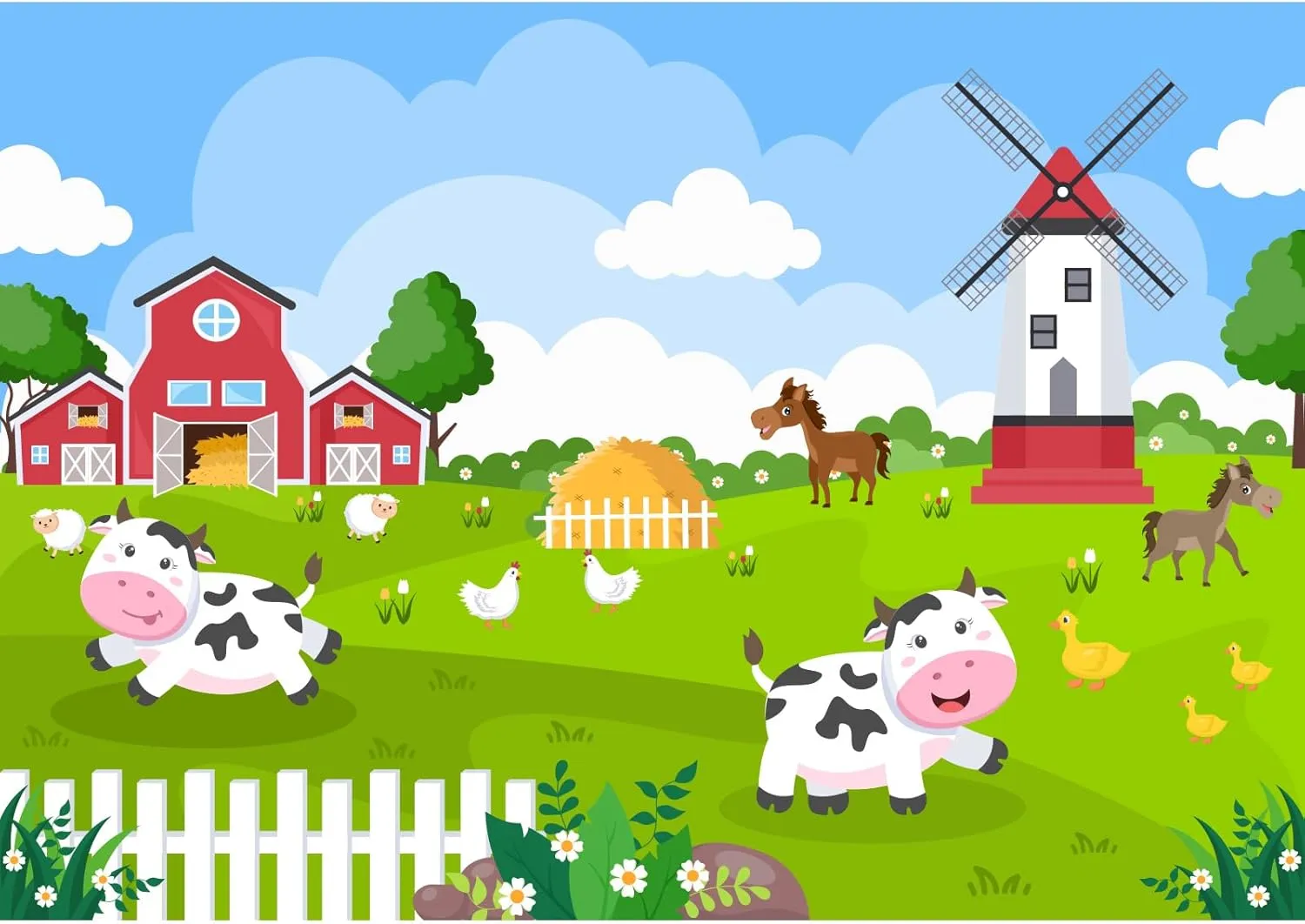 Red Barn Farm Backdrop Windmill Haystack Green Trees Meadow Farmhouse Photography Background Cute Cartoon Farm Animals Backdrop Wallpaper Poster Decors Birthday Baby Shower Background Props 7x5ft
