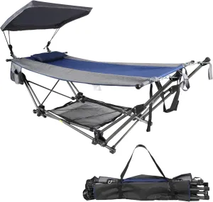 RedSwing Portable Folding Hammock with Stand, Freestanding Hammock with Collapsible Steel Stand for Outdoor Yard Beach, Foldable Hammock with Removable Canopy,Pillow and Storage Net, 264lbs Capacity