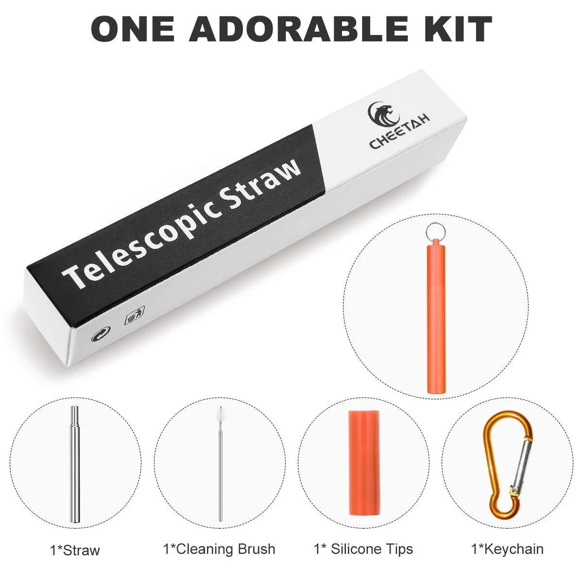 Reusable Collapsible Straw Folding Telescopic Stainless Steel Metal Drinking Straws Portable Kit with Cleaning Brush & Carrying Case & Silicone Tips & Keychain for Home & Office & Travel(Red)