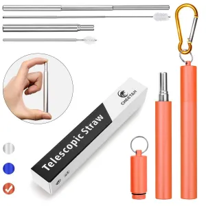 Reusable Collapsible Straw Folding Telescopic Stainless Steel Metal Drinking Straws Portable Kit with Cleaning Brush & Carrying Case & Silicone Tips & Keychain for Home & Office & Travel(Red)