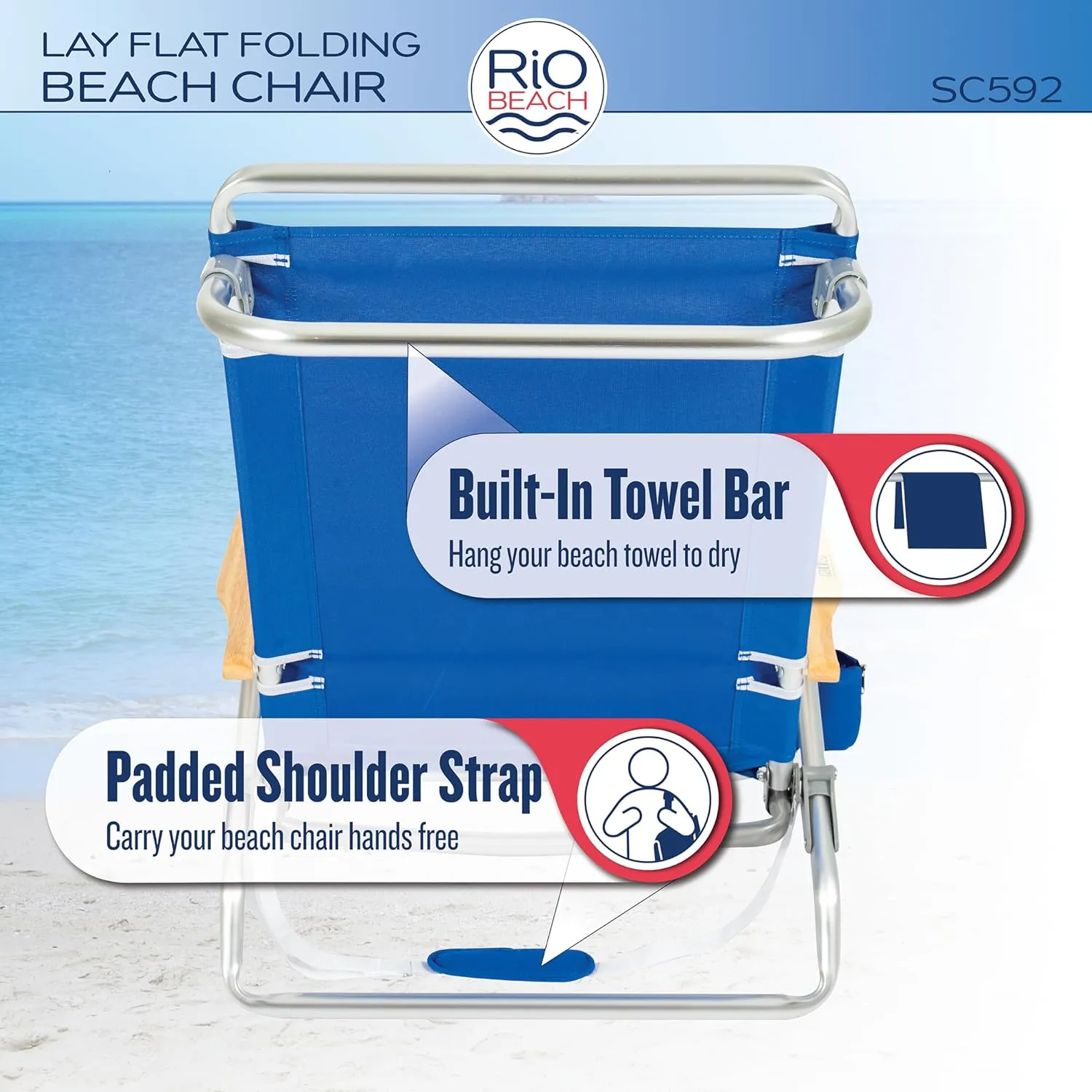 RIO beach Classic 5-Position Lay-Flat Folding Beach Chair, 30.8" x 24.75" x 29.5", Cool Blue Stripes, Pink/White/Beige/Black, 1 Count (Pack of 1)