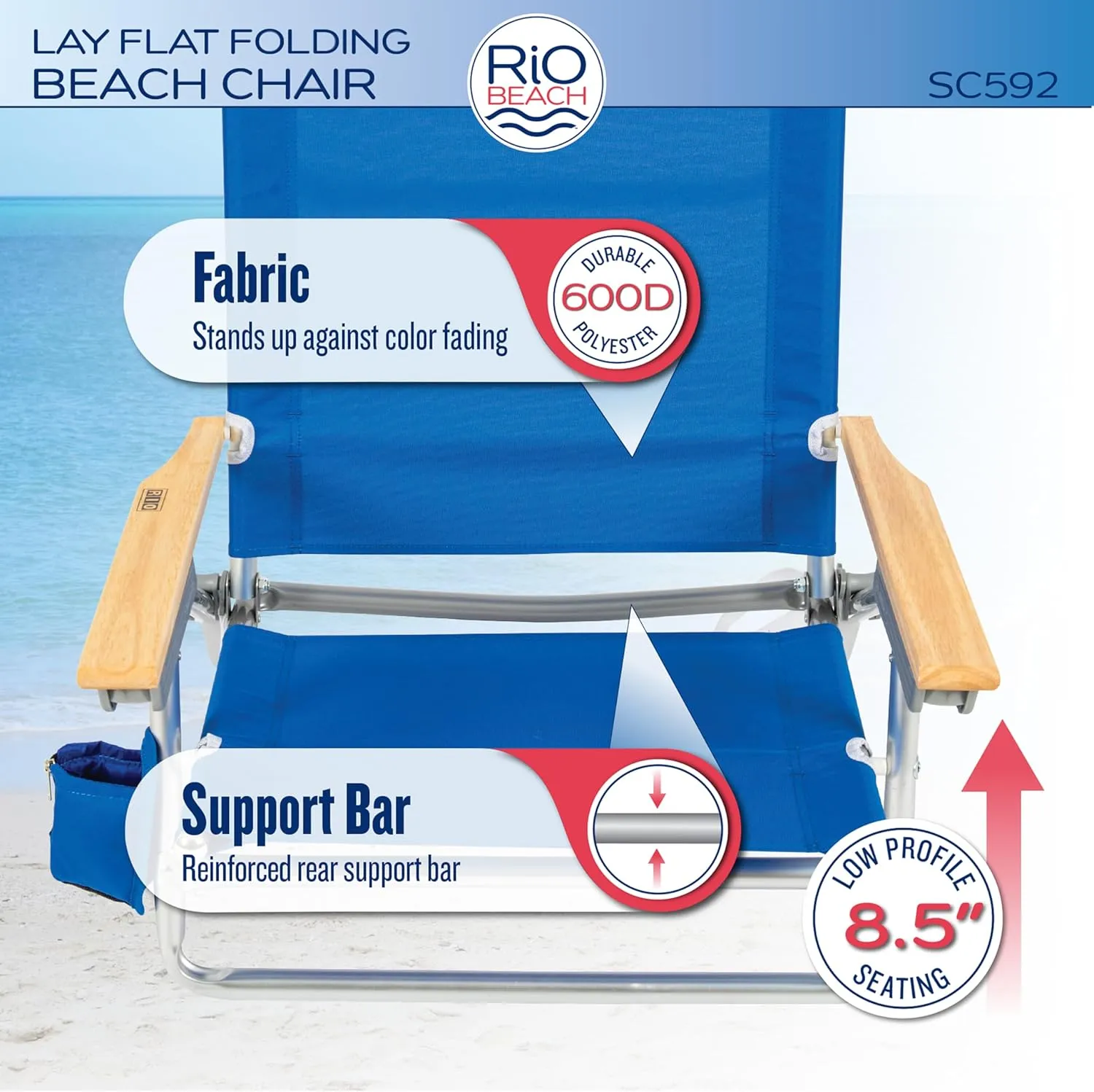 RIO beach Classic 5-Position Lay-Flat Folding Beach Chair, 30.8" x 24.75" x 29.5", Cool Blue Stripes, Pink/White/Beige/Black, 1 Count (Pack of 1)