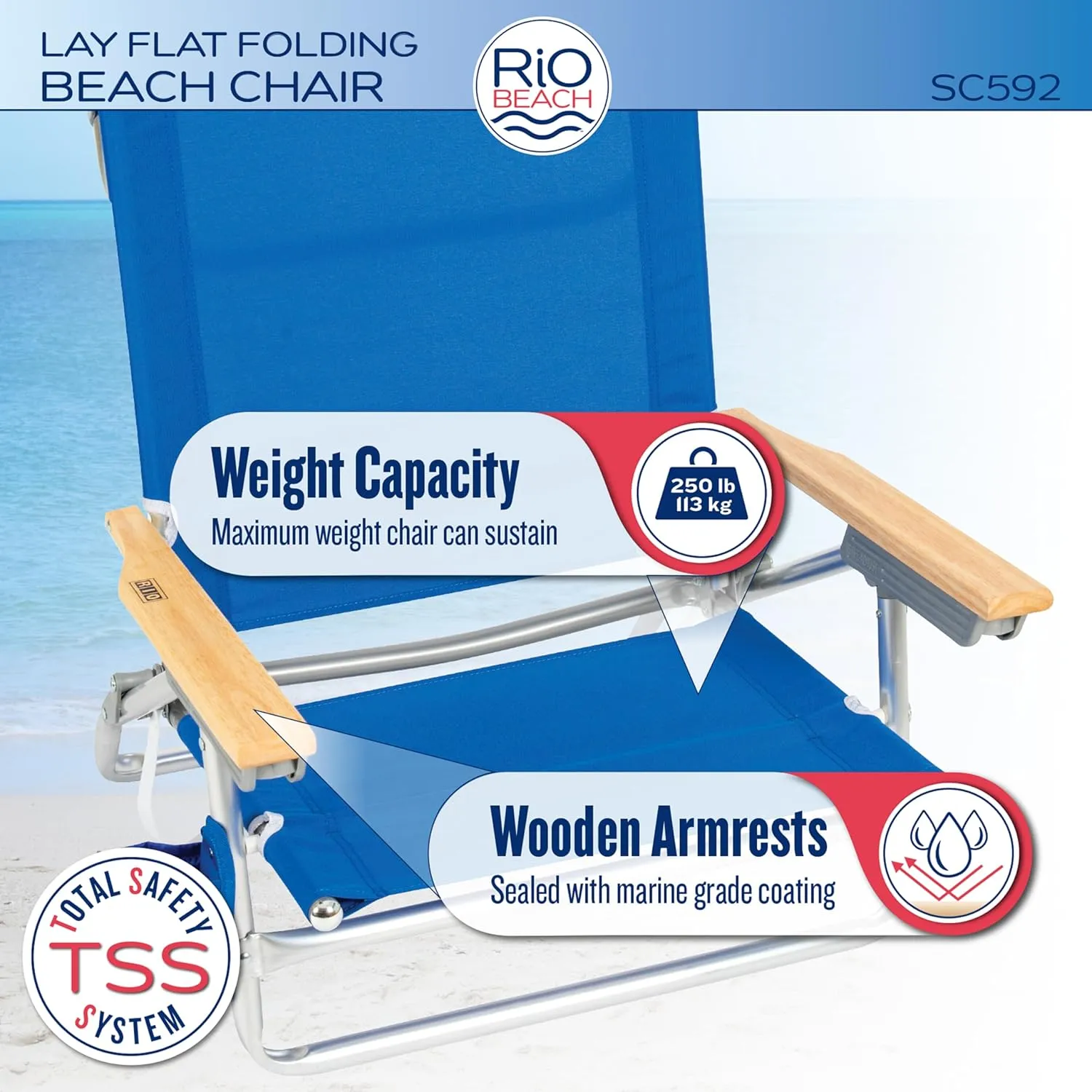 RIO beach Classic 5-Position Lay-Flat Folding Beach Chair, 30.8" x 24.75" x 29.5", Cool Blue Stripes, Pink/White/Beige/Black, 1 Count (Pack of 1)