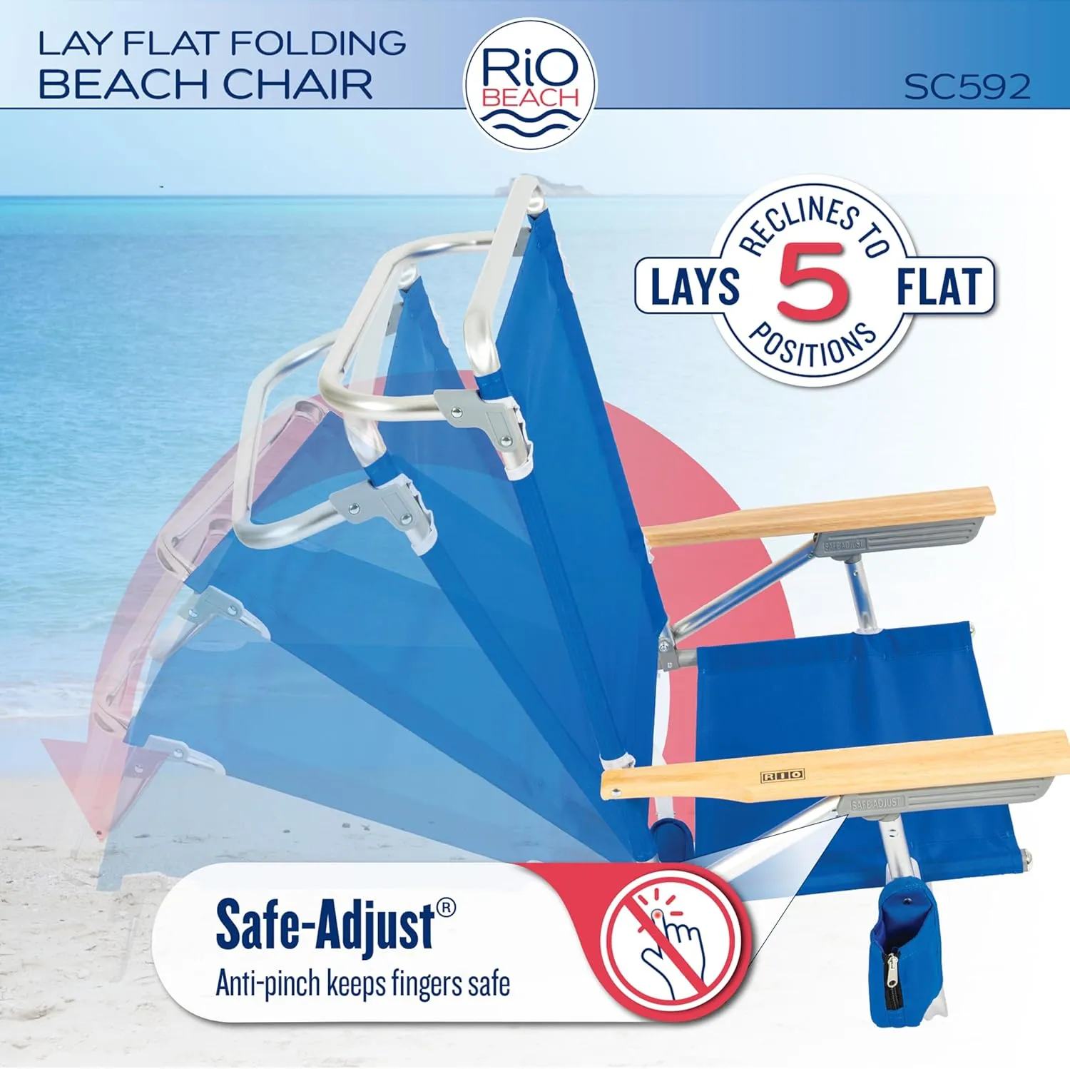 RIO beach Classic 5-Position Lay-Flat Folding Beach Chair, 30.8" x 24.75" x 29.5", Cool Blue Stripes, Pink/White/Beige/Black, 1 Count (Pack of 1)