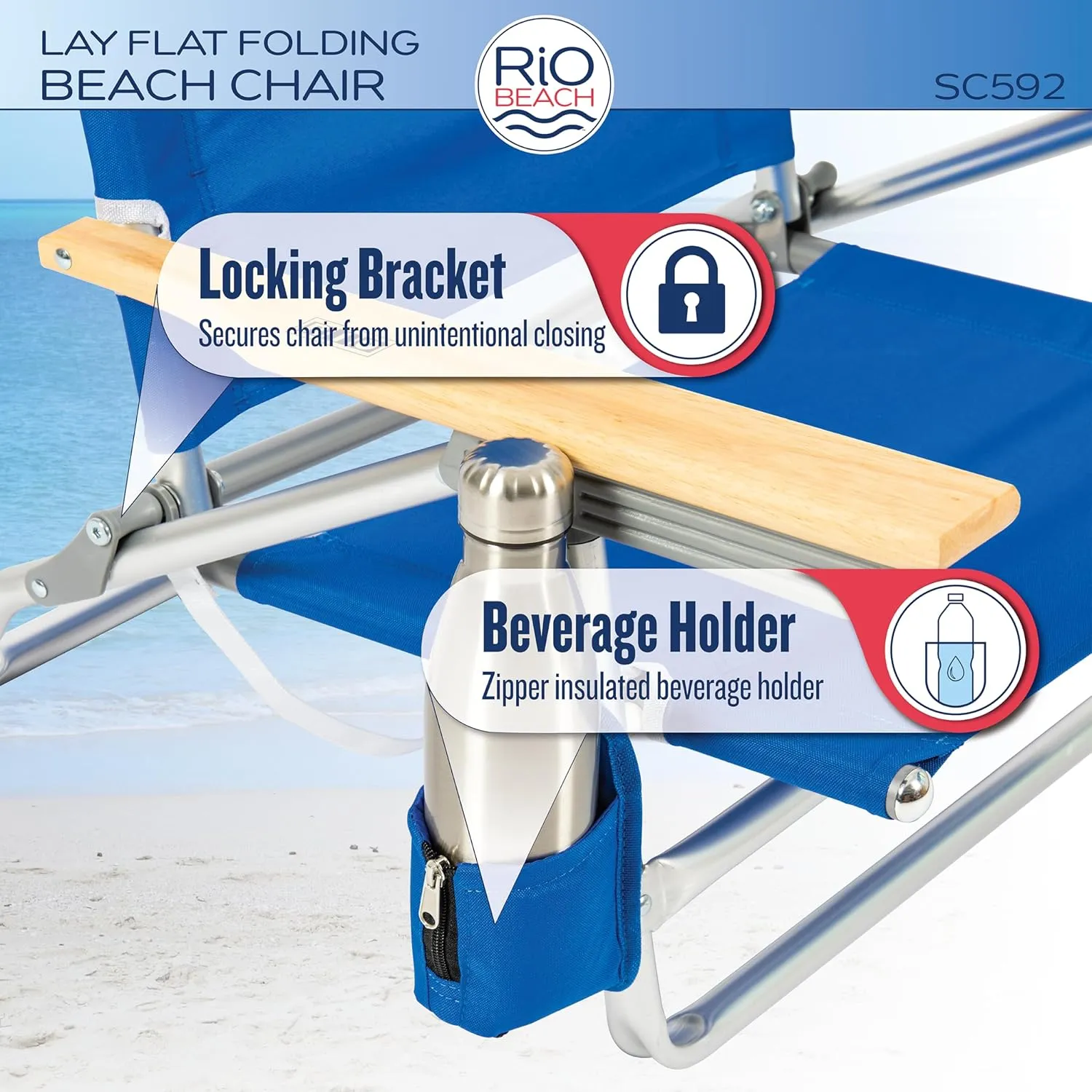 RIO beach Classic 5-Position Lay-Flat Folding Beach Chair, 30.8" x 24.75" x 29.5", Cool Blue Stripes, Pink/White/Beige/Black, 1 Count (Pack of 1)