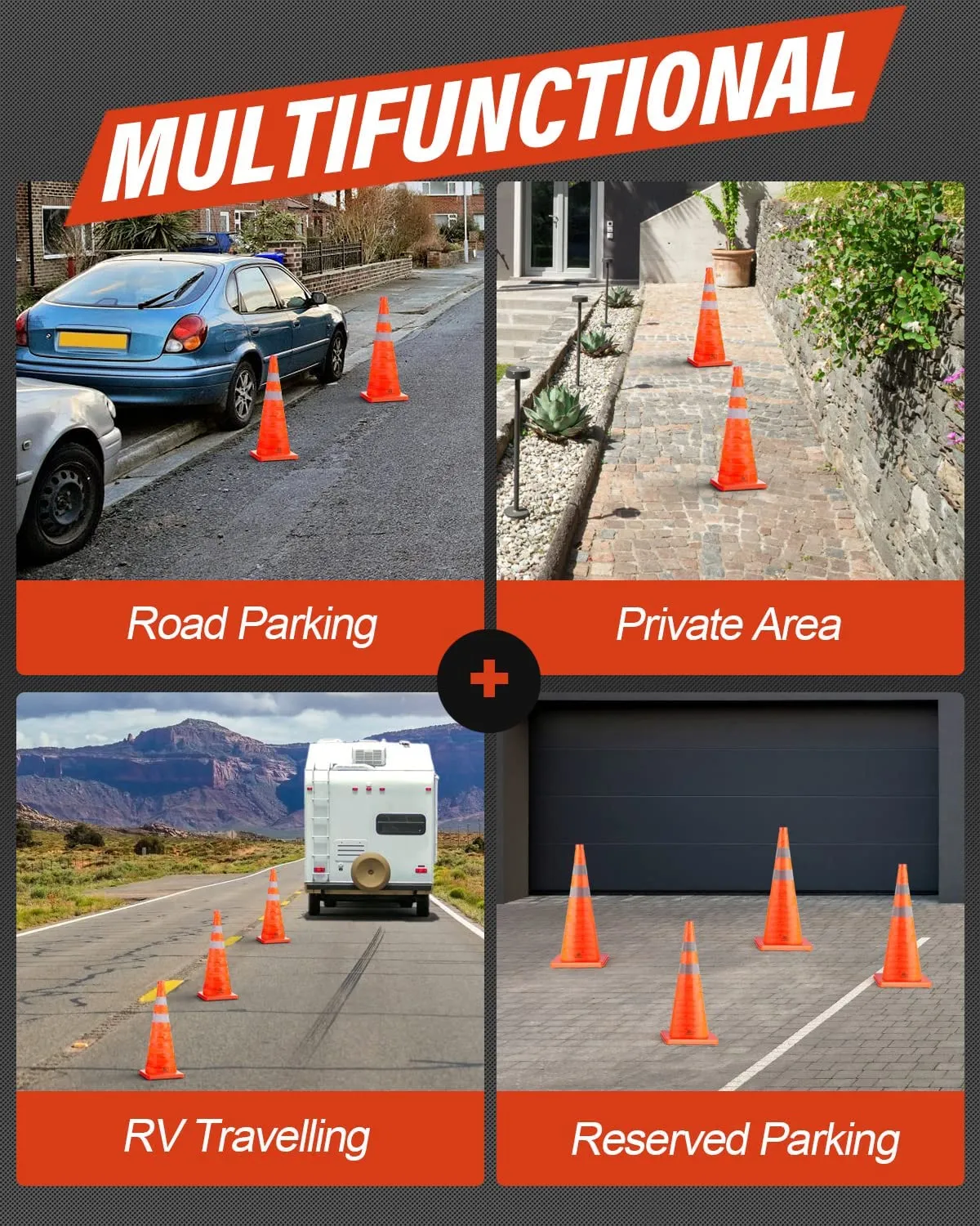 RoadHero 18 Inch 4 Pack Collapsible Traffic Safety Cones, Multi Purpose Pop-up Cones with Reflective Collar for Road Safety, Orange Cones for Driving Training, Parking Lots