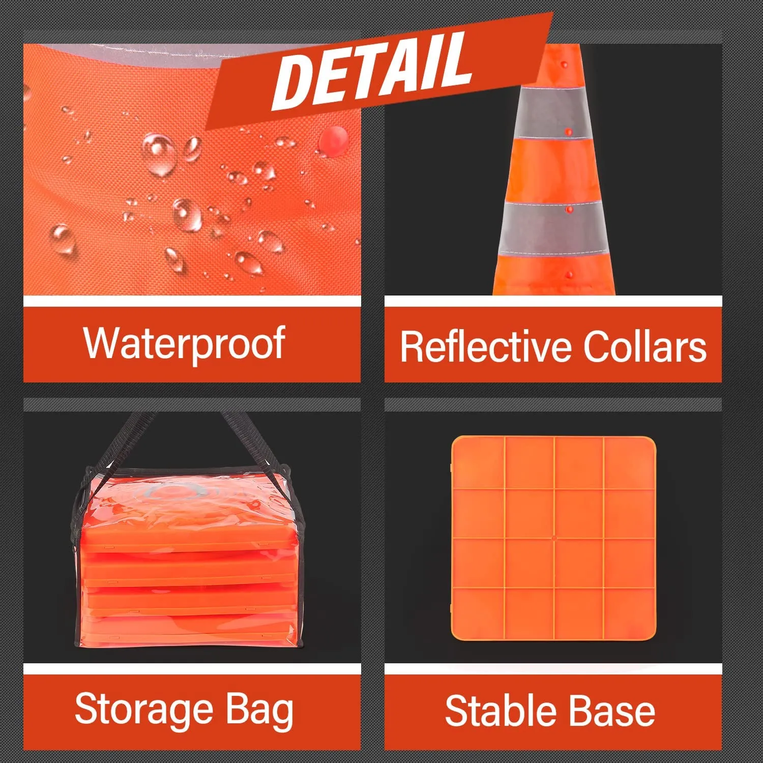 RoadHero 18 Inch 4 Pack Collapsible Traffic Safety Cones, Multi Purpose Pop-up Cones with Reflective Collar for Road Safety, Orange Cones for Driving Training, Parking Lots