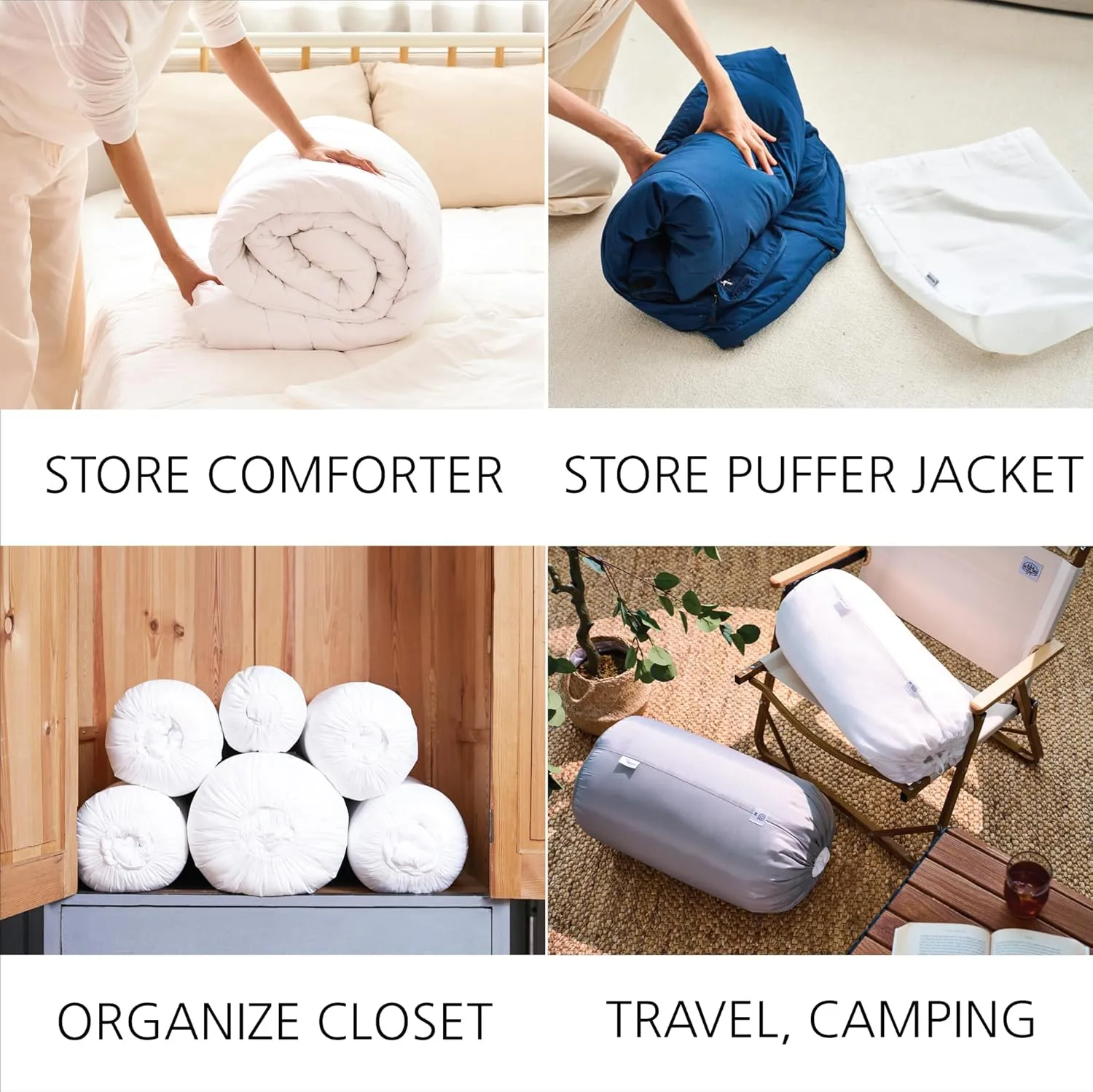 Roll&Stack Bedding Clothes Storage Bag Organizer - Basic Set (L1 M1 S1), Khaki, 3 pack