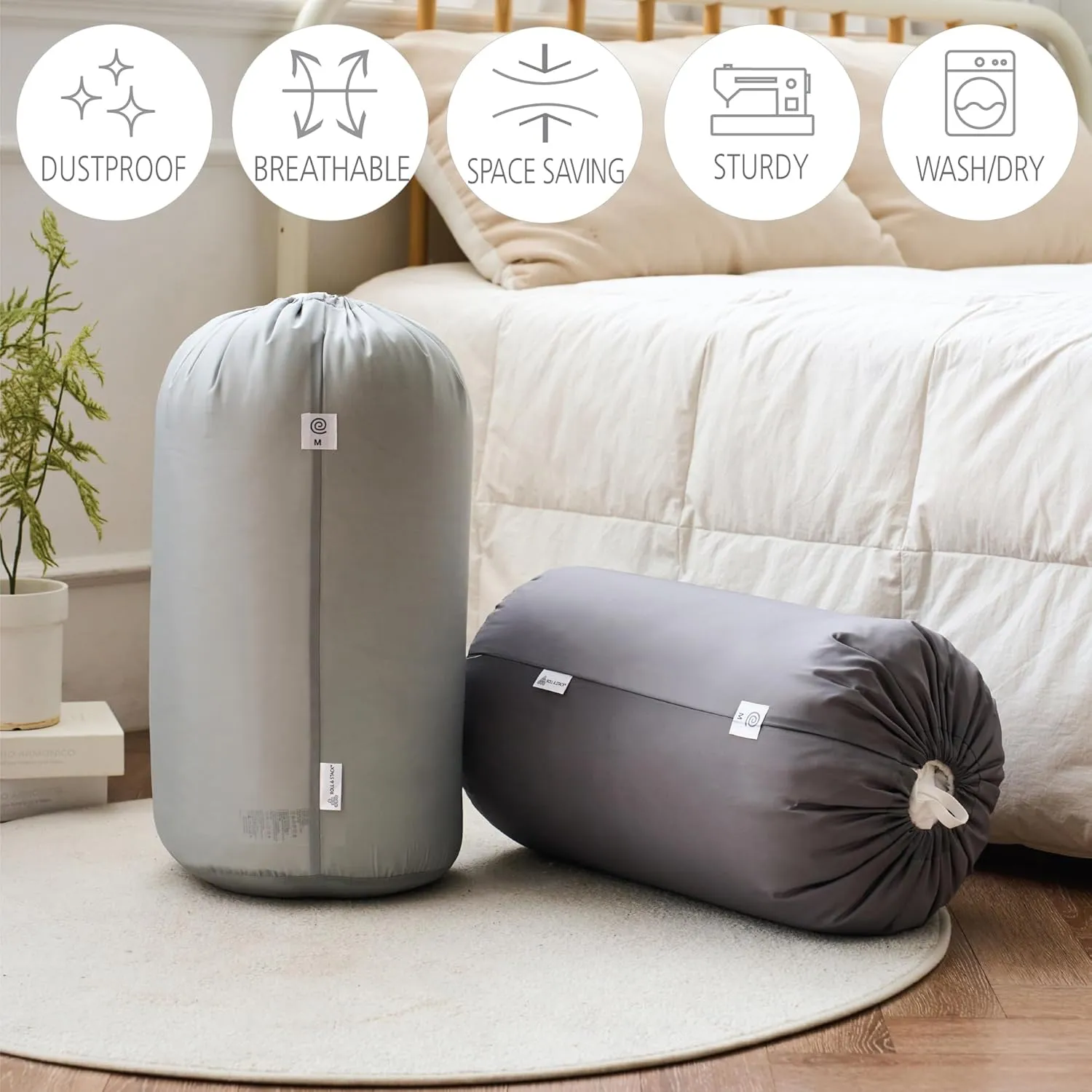Roll&Stack Bedding Clothes Storage Bag Organizer - Basic Set (L1 M1 S1), Khaki, 3 pack