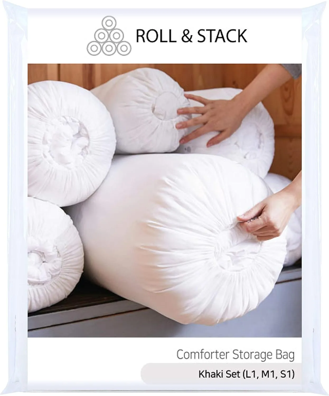 Roll&Stack Bedding Clothes Storage Bag Organizer - Basic Set (L1 M1 S1), Khaki, 3 pack