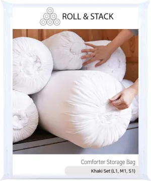 Roll&Stack Bedding Clothes Storage Bag Organizer - Basic Set (L1 M1 S1), Khaki, 3 pack
