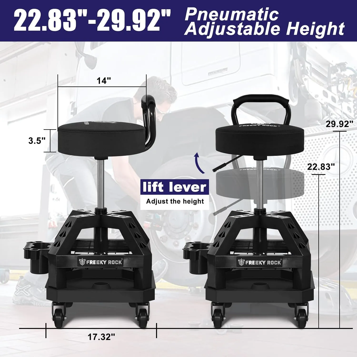 Rolling Shop Stool with Wheels, Heavy Duty Garage Work Mechanic Stool with Backrest, Adjustable Height 360°Swivel Rolling Chair with Tool Tray Storage, 330 LBS Capacity, Black