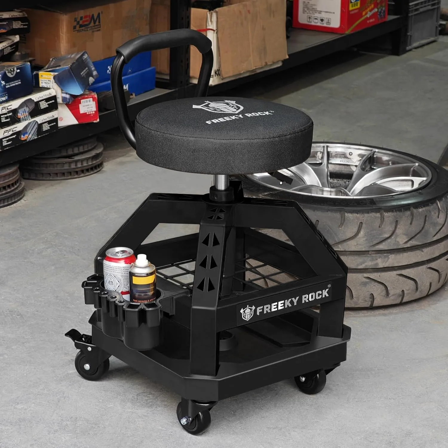 Rolling Shop Stool with Wheels, Heavy Duty Garage Work Mechanic Stool with Backrest, Adjustable Height 360°Swivel Rolling Chair with Tool Tray Storage, 330 LBS Capacity, Black