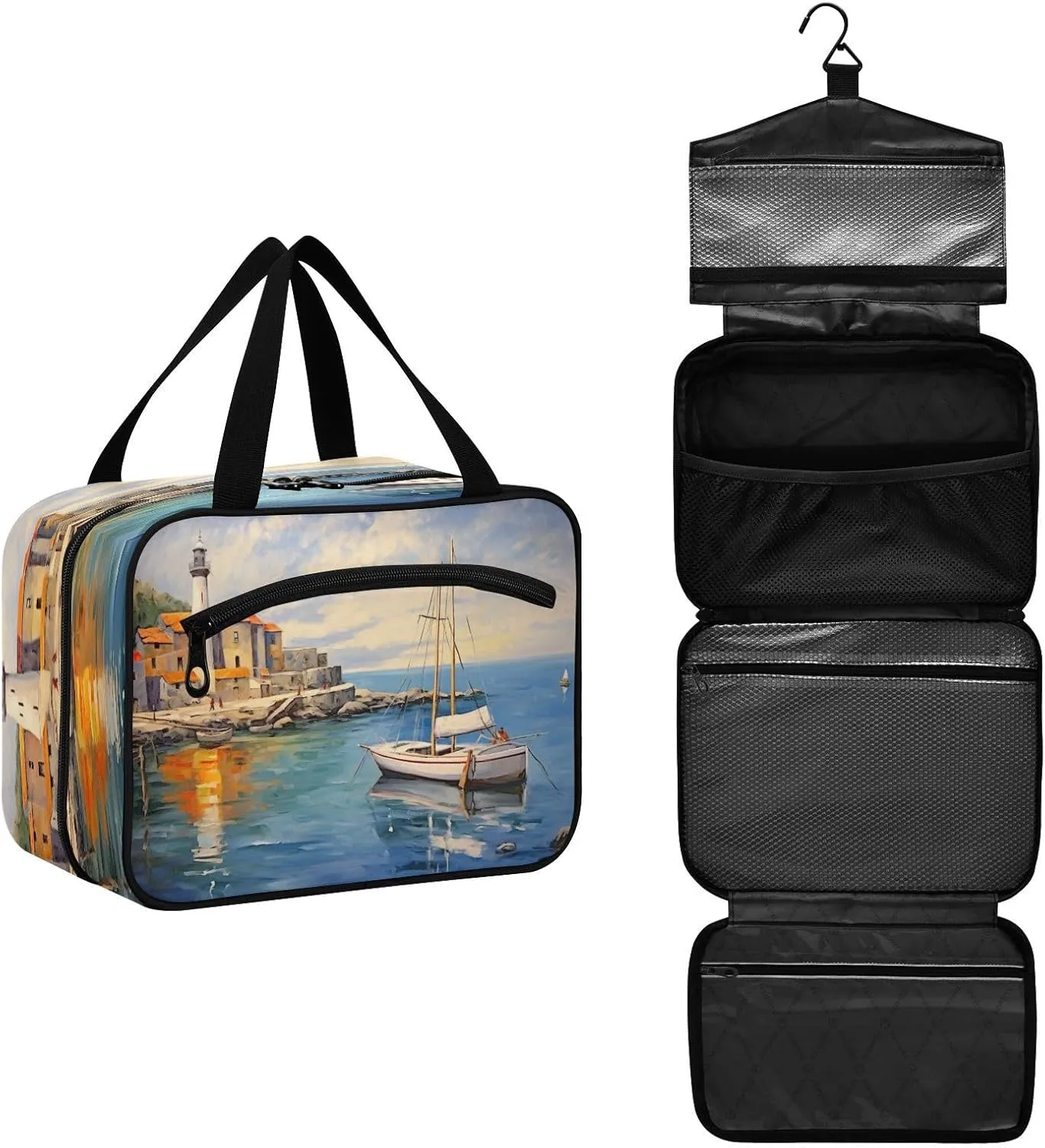 Romantic Entitled Seaport Toiletry Bag, Large Waterproof Hanging Travel Makeup Organizer Bag, Portable Travel Cosmetic Bag with Handle for Women and Men, Medium