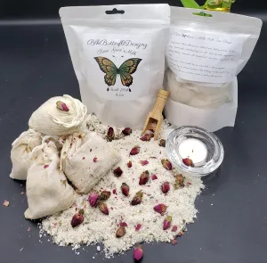 Rose and Lavender Goat Milk Salt Tea Bags, Perfect for Baths, Dry Salt Scrub (4-4oz Bags) (Rose)