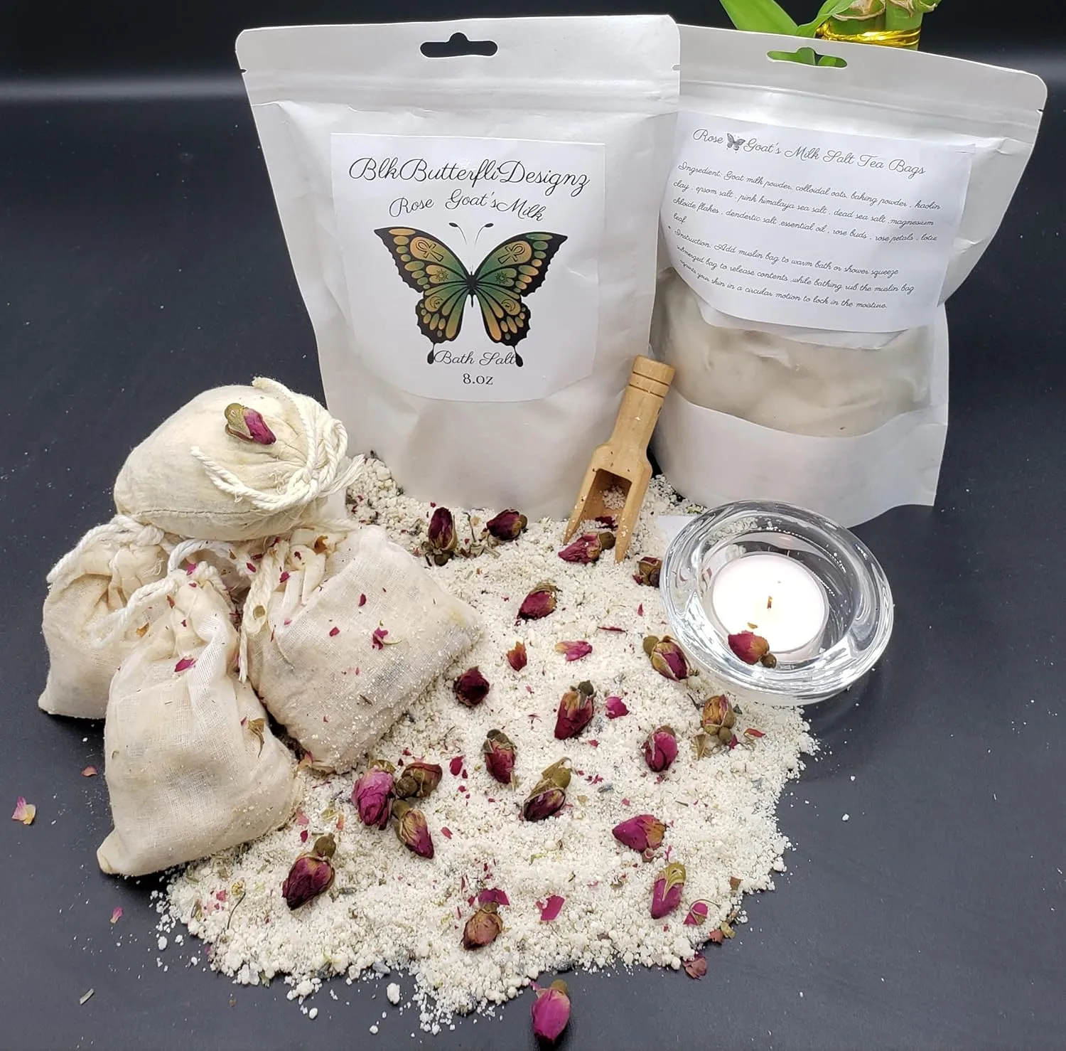 Rose and Lavender Goat Milk Salt Tea Bags, Perfect for Baths, Dry Salt Scrub (4-4oz Bags) (Rose)