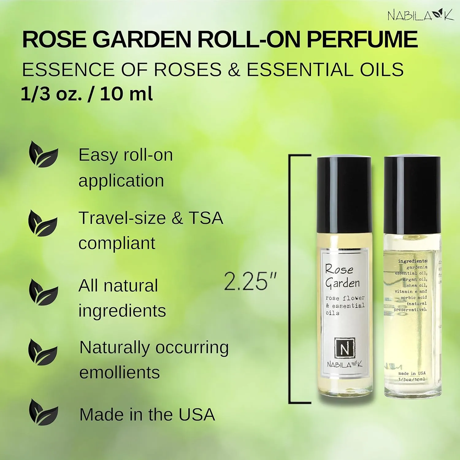 Rose Garden Roll-On Perfume with Rose Essential Oil Alcohol-Free, All-Natural, Organic, Long-Lasting Fragrance - Travel-Size Perfume for Women - TSA Approved, 0.33 oz / 10 ml