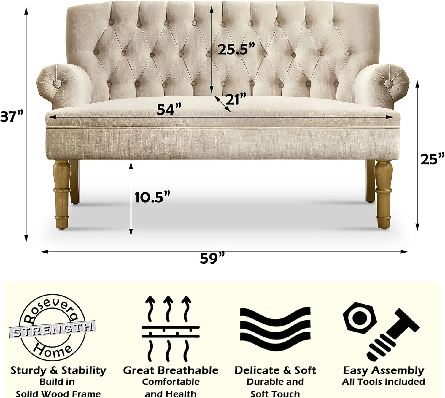 Rosevera Drennan Loveseat - Sofa for Living Room, Couch in a Box, Linen, Beige