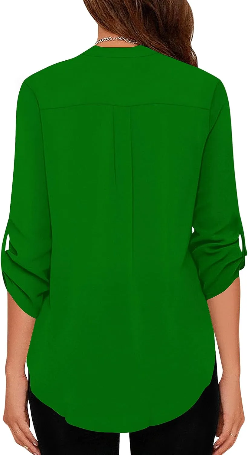 roswear Women's Business Casual V Neck Cuffed Sleeves Work Blouse Top