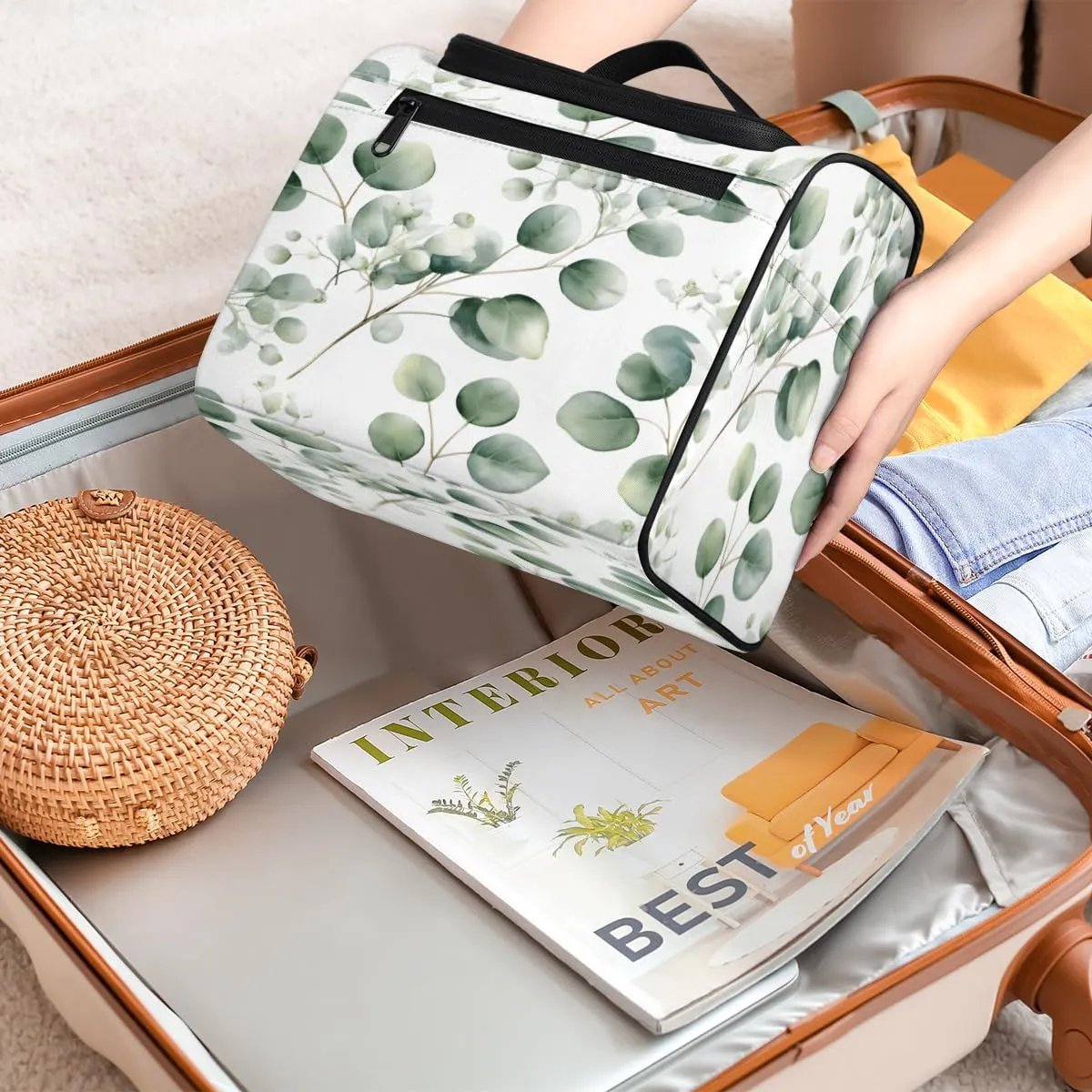 Sage Green Travel Toiletry Bag for Men and Women, Large Hanging Makeup Bag Organizer Toiletries Bag for Travel, Eucalyptus Leaf Cosmetic Bag with Handle