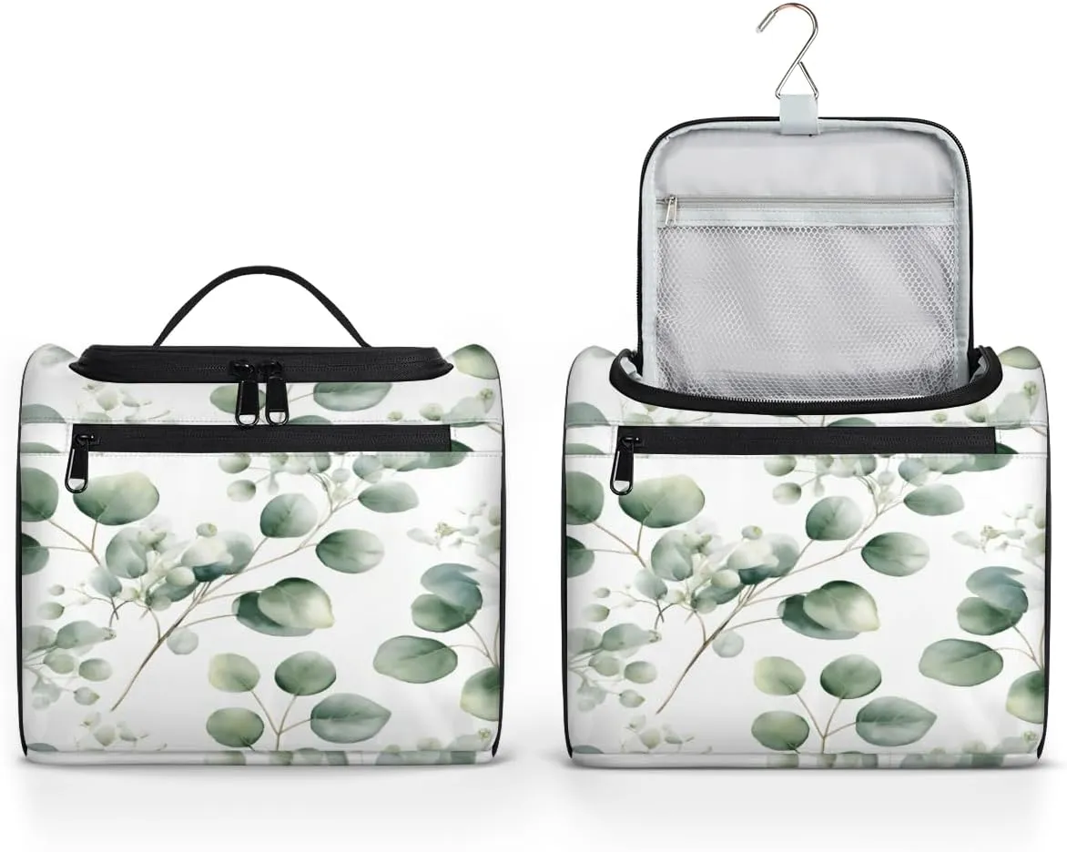 Sage Green Travel Toiletry Bag for Men and Women, Large Hanging Makeup Bag Organizer Toiletries Bag for Travel, Eucalyptus Leaf Cosmetic Bag with Handle