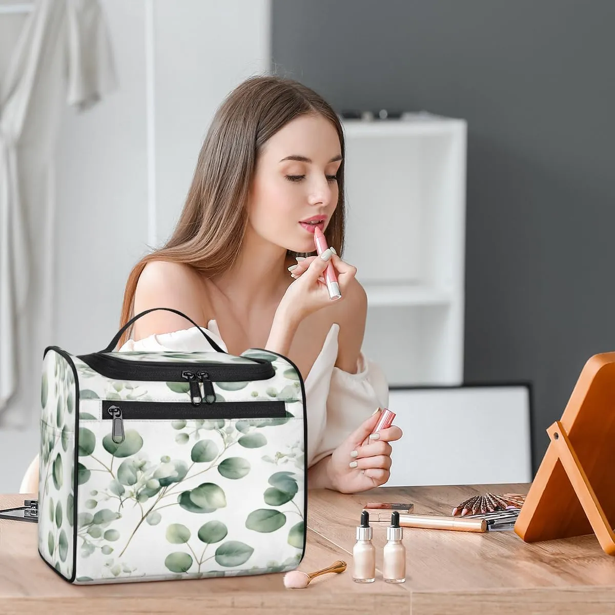 Sage Green Travel Toiletry Bag for Men and Women, Large Hanging Makeup Bag Organizer Toiletries Bag for Travel, Eucalyptus Leaf Cosmetic Bag with Handle