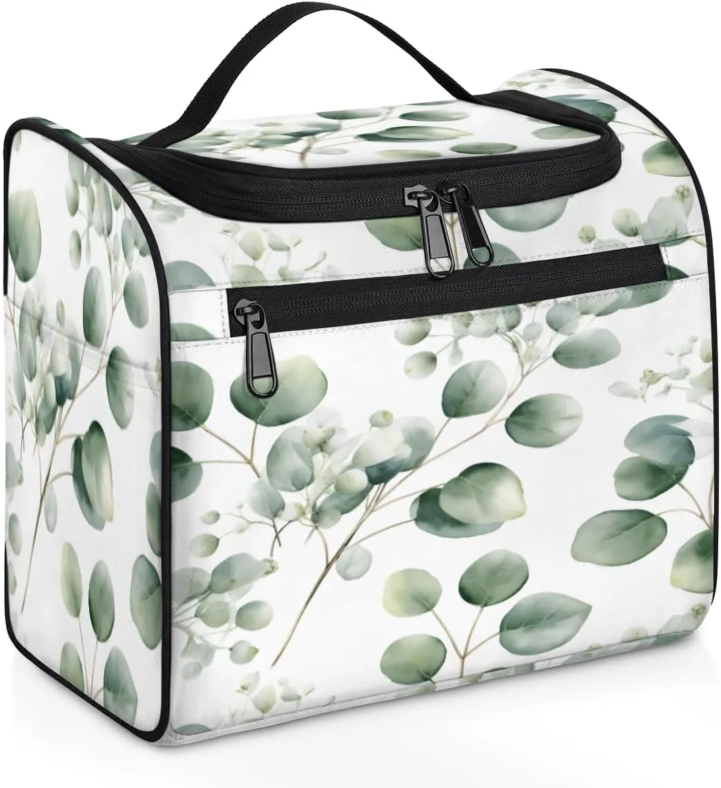 Sage Green Travel Toiletry Bag for Men and Women, Large Hanging Makeup Bag Organizer Toiletries Bag for Travel, Eucalyptus Leaf Cosmetic Bag with Handle