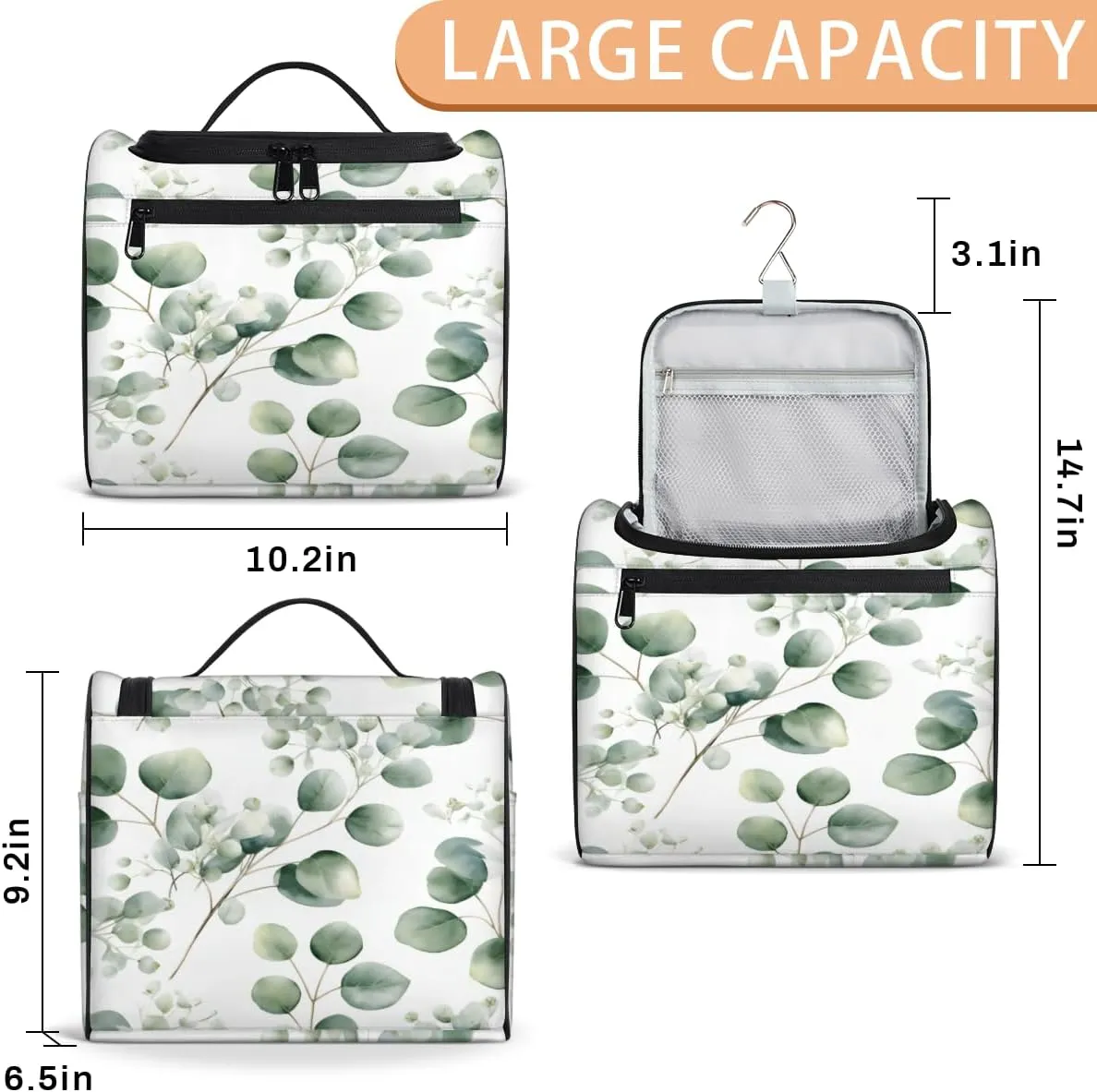 Sage Green Travel Toiletry Bag for Men and Women, Large Hanging Makeup Bag Organizer Toiletries Bag for Travel, Eucalyptus Leaf Cosmetic Bag with Handle
