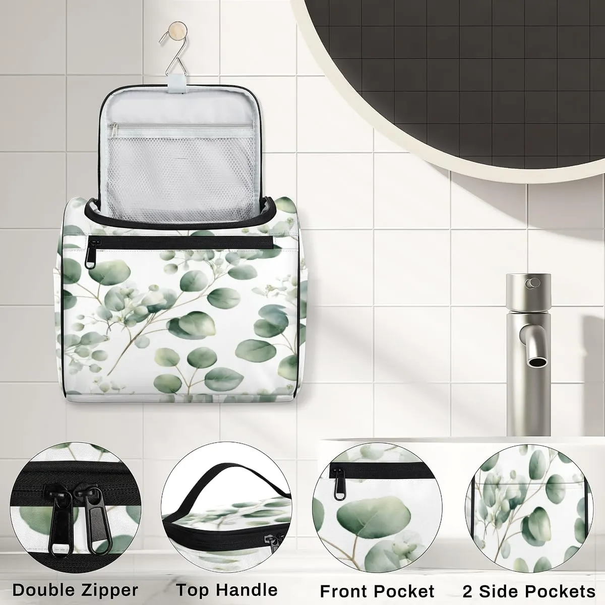 Sage Green Travel Toiletry Bag for Men and Women, Large Hanging Makeup Bag Organizer Toiletries Bag for Travel, Eucalyptus Leaf Cosmetic Bag with Handle