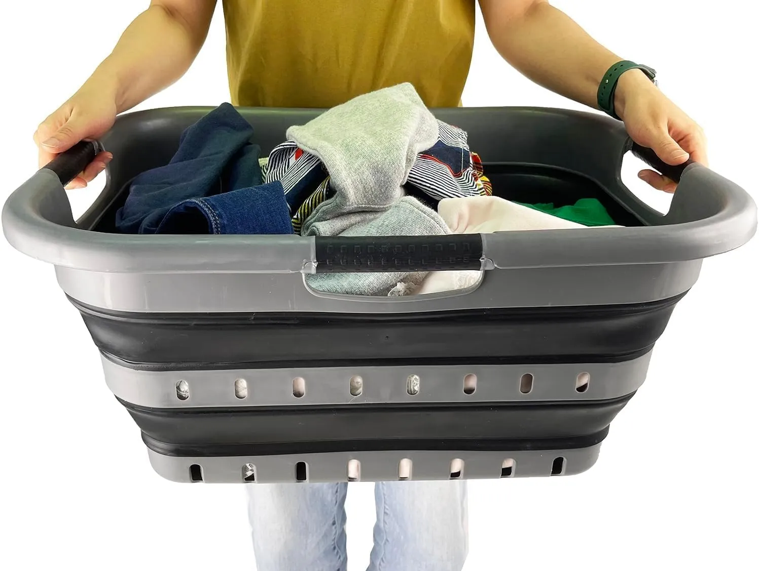 SAMMART 41L (10.8 gallon) Set of 2 Collapsible 3 Handled Plastic Laundry Basket-Foldable Pop Up Storage Container/Organizer-Portable Washing Tub-Space Saving Hamper/Basket (2, Grey/Black)