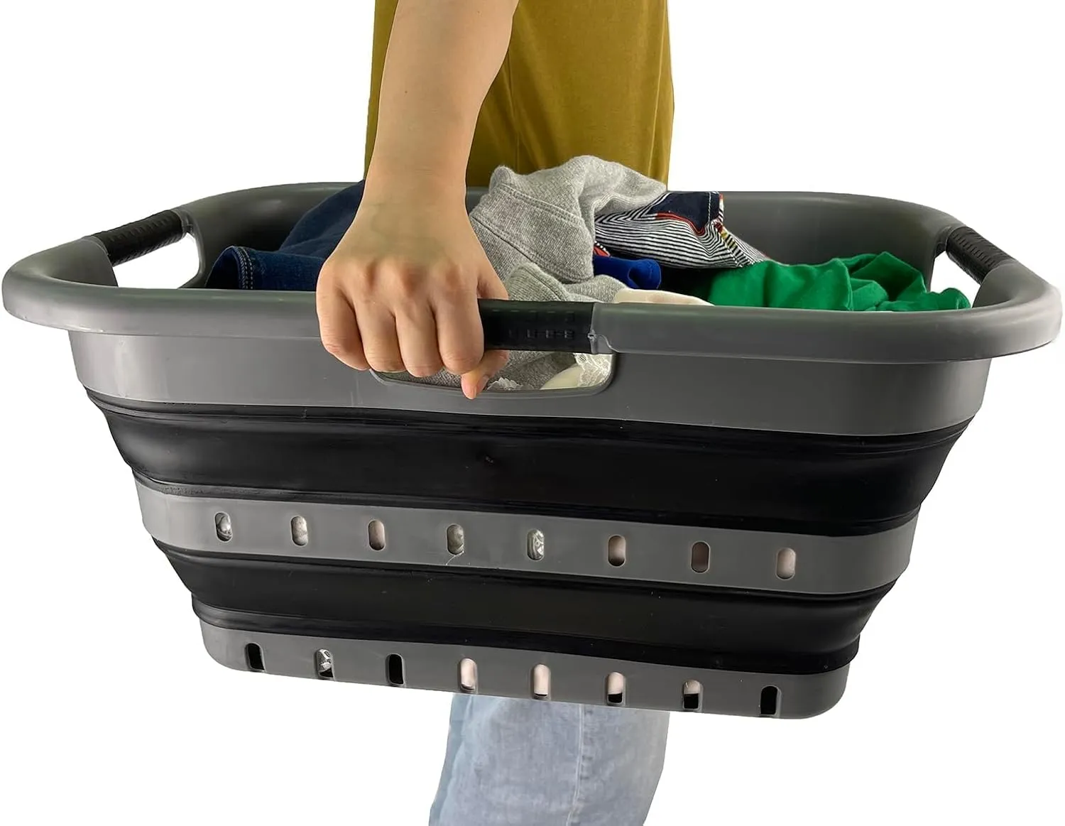 SAMMART 41L (10.8 gallon) Set of 2 Collapsible 3 Handled Plastic Laundry Basket-Foldable Pop Up Storage Container/Organizer-Portable Washing Tub-Space Saving Hamper/Basket (2, Grey/Black)