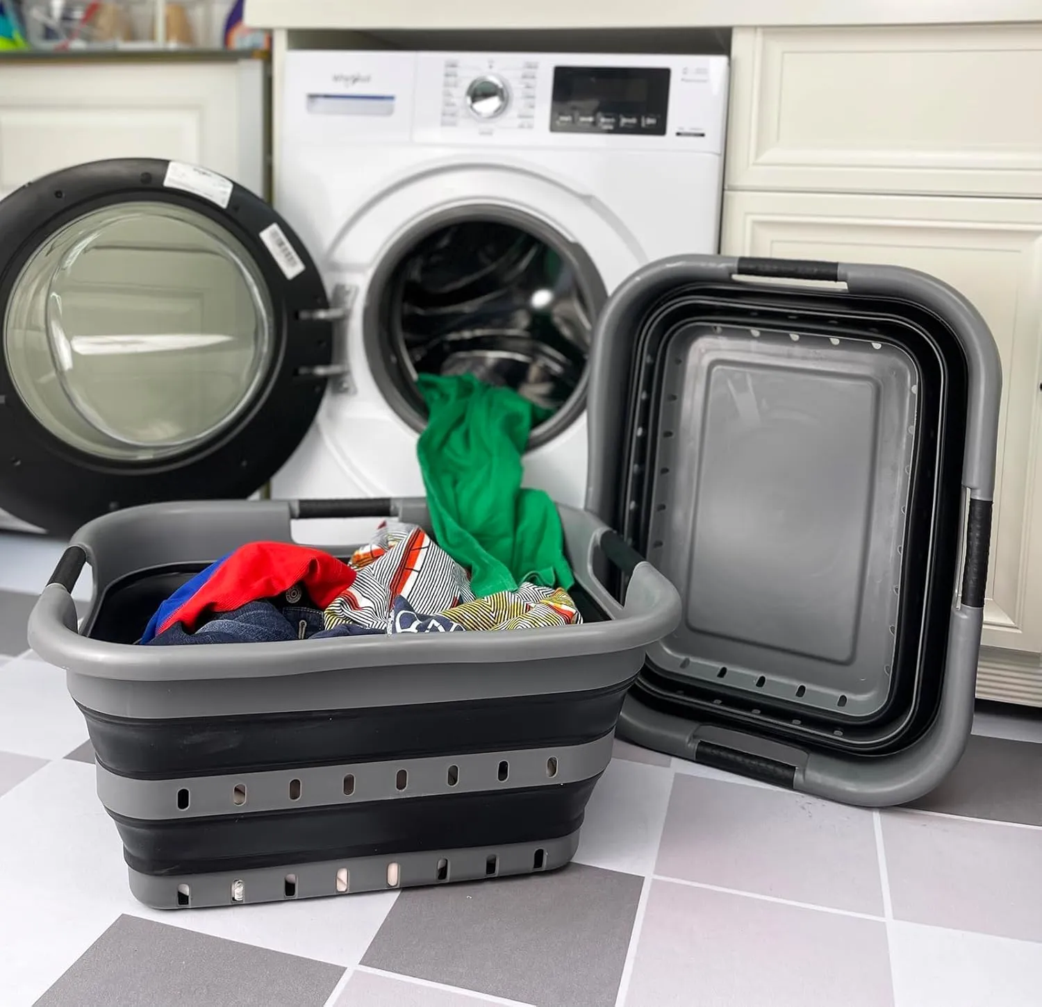 SAMMART 41L (10.8 gallon) Set of 2 Collapsible 3 Handled Plastic Laundry Basket-Foldable Pop Up Storage Container/Organizer-Portable Washing Tub-Space Saving Hamper/Basket (2, Grey/Black)