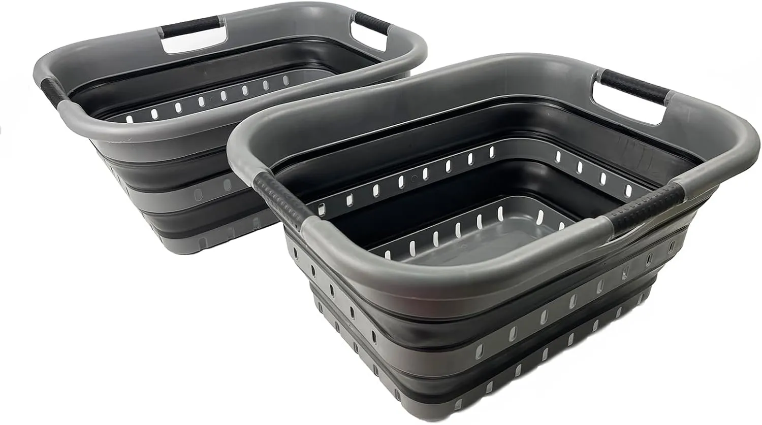 SAMMART 41L (10.8 gallon) Set of 2 Collapsible 3 Handled Plastic Laundry Basket-Foldable Pop Up Storage Container/Organizer-Portable Washing Tub-Space Saving Hamper/Basket (2, Grey/Black)