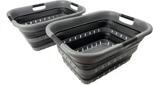 SAMMART 41L (10.8 gallon) Set of 2 Collapsible 3 Handled Plastic Laundry Basket-Foldable Pop Up Storage Container/Organizer-Portable Washing Tub-Space Saving Hamper/Basket (2, Grey/Black)