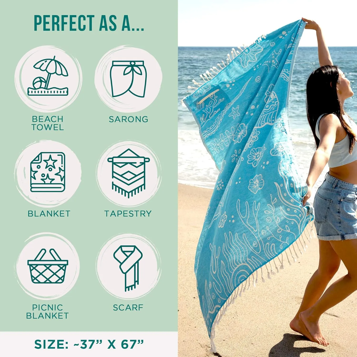 Sand Cloud Turkish Beach Towel - Sand Free - 100% Organic Turkish Cotton Yarn - Quick Dry Towel for Beach, Picnic, Blanket or Bath - As Seen on Shark Tank - Marine Life (Boho Octopus)