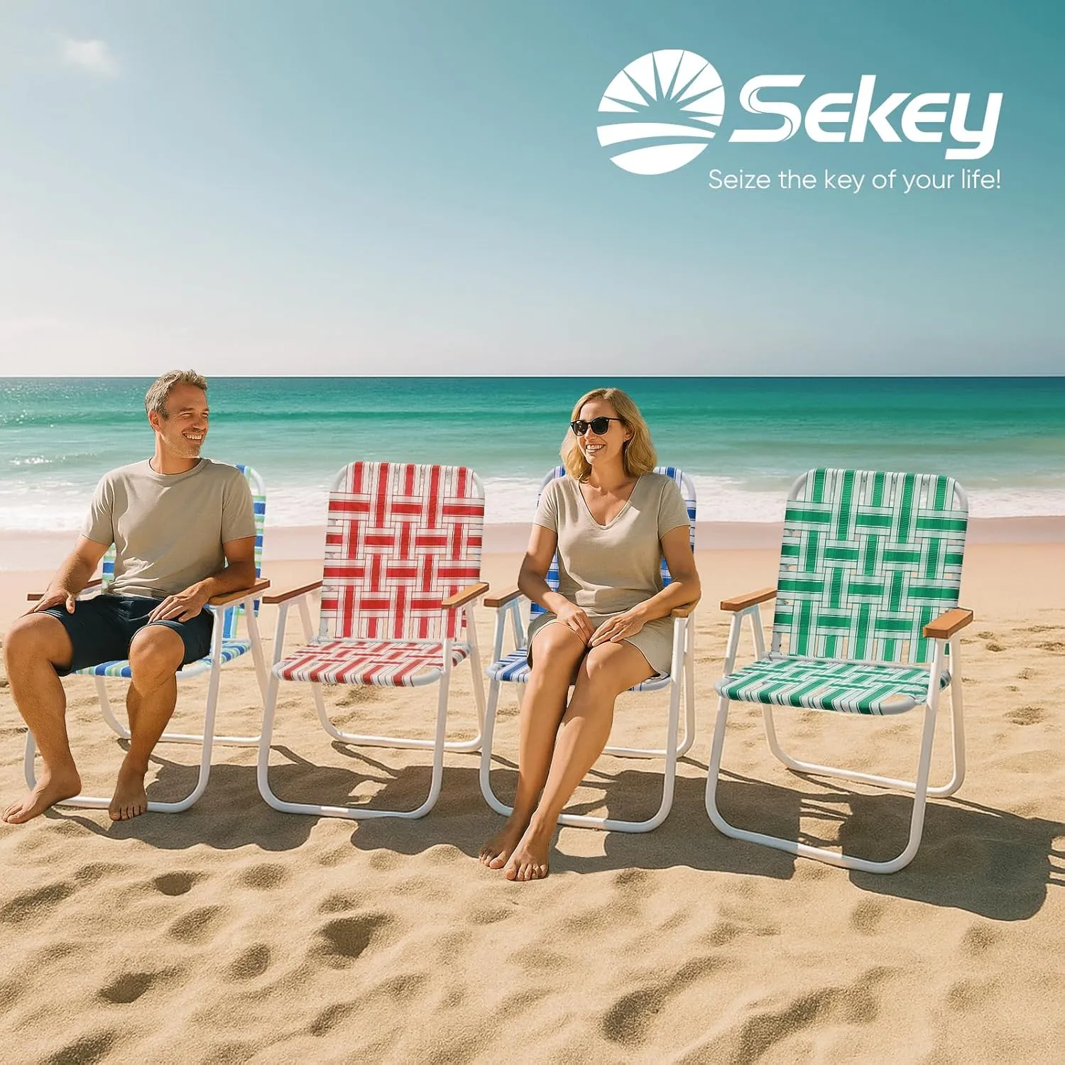 Sekey Folding Lawn Chairs, Beach Chairs for Adults with Highback, Camping Chairs with Webbed Airflow Mesh, Patio Chairs with Rust-Proof Coating, Webbed Lawn Chair for Outdoor, Fishing, Backyard