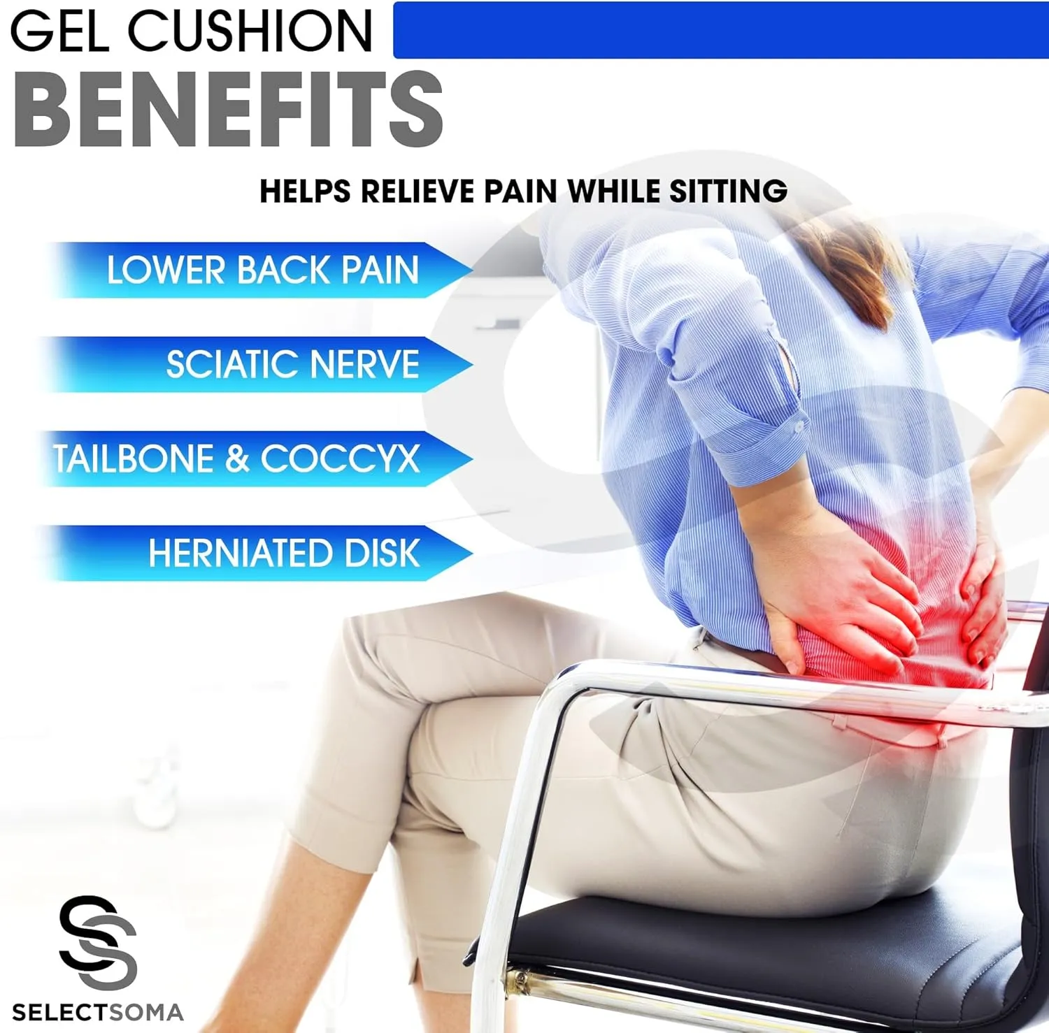 SelectSoma Large Gel Seat Cushion for Desk Chair - Pressure Relief for Back, Sciatica, Coccyx, and Tailbone Pain While Long Sitting – Wheelchair Cushion – Car and Truck Chair Pad