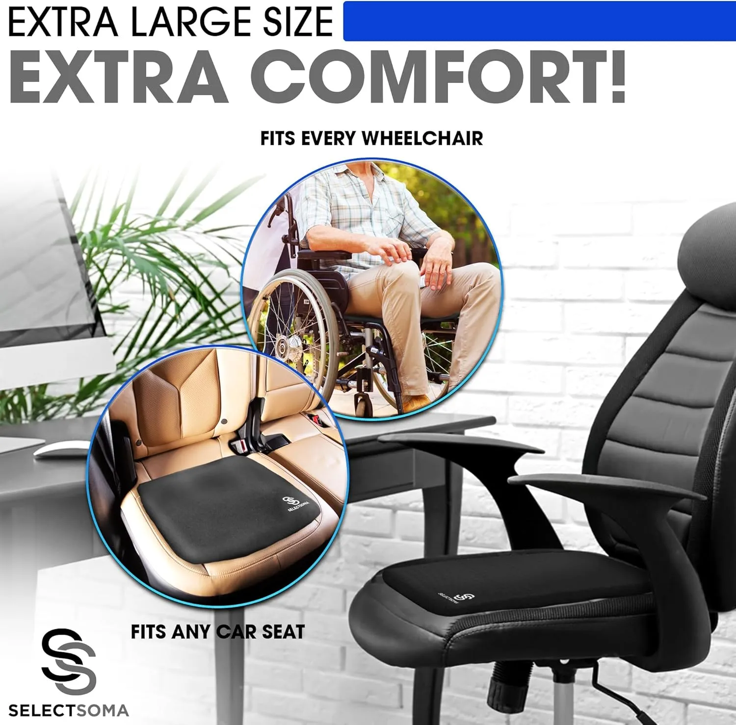 SelectSoma Large Gel Seat Cushion for Desk Chair - Pressure Relief for Back, Sciatica, Coccyx, and Tailbone Pain While Long Sitting – Wheelchair Cushion – Car and Truck Chair Pad