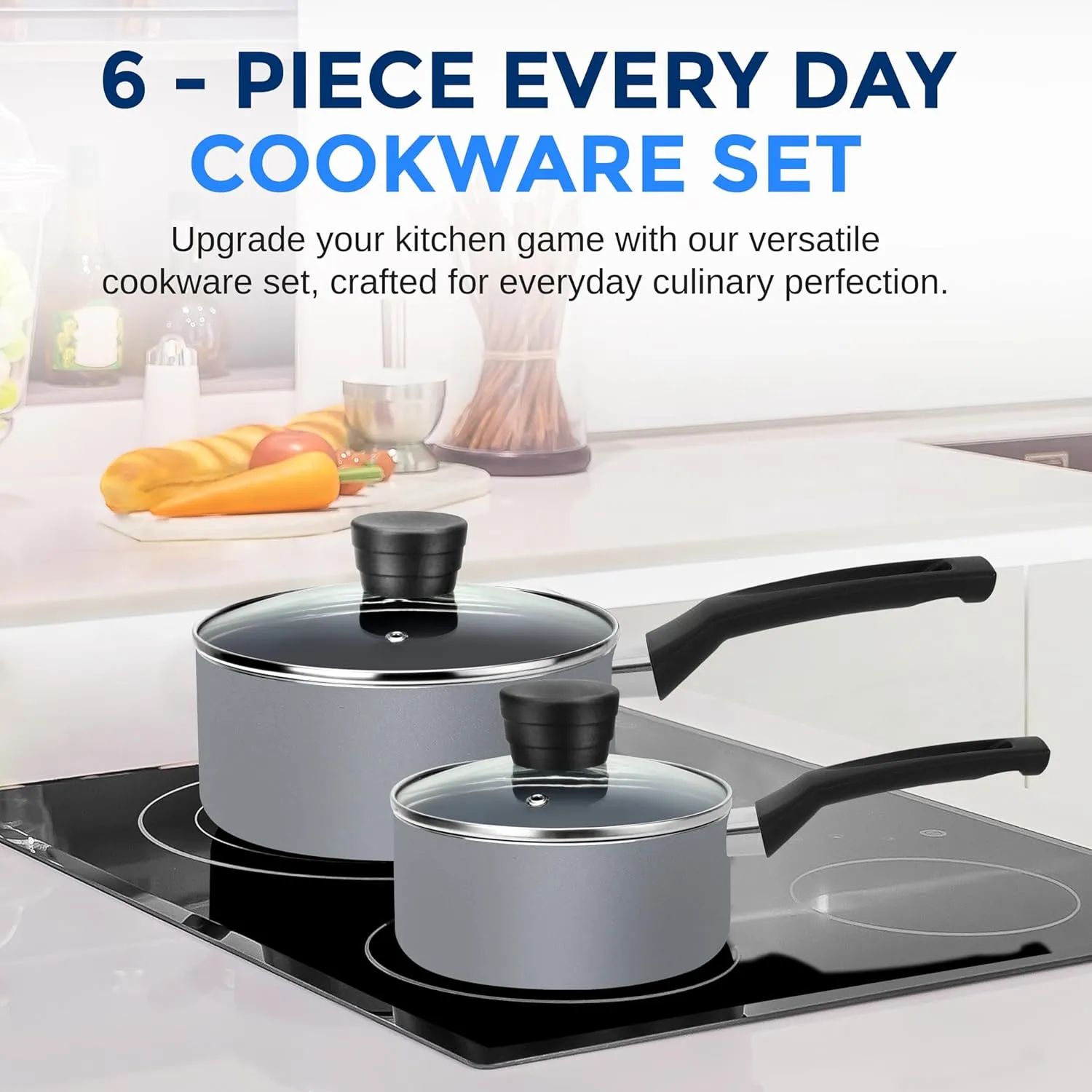 SereneLife 6-Piece Pots and Pans Set – Nonstick Cookware, Black Coating, Heat-Resistant, Dishwasher safe, Includes Fry Pans, Saucepans with Lids, Color Gray