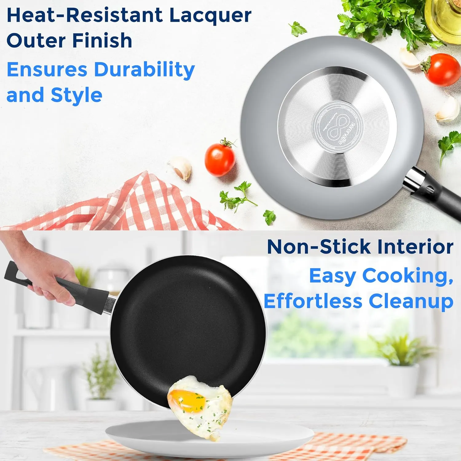 SereneLife 6-Piece Pots and Pans Set – Nonstick Cookware, Black Coating, Heat-Resistant, Dishwasher safe, Includes Fry Pans, Saucepans with Lids, Color Gray