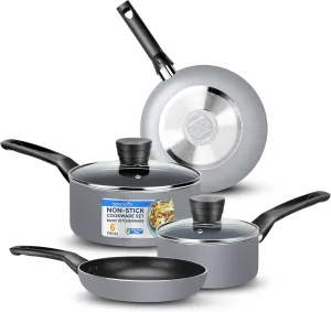 SereneLife 6-Piece Pots and Pans Set – Nonstick Cookware, Black Coating, Heat-Resistant, Dishwasher safe, Includes Fry Pans, Saucepans with Lids, Color Gray