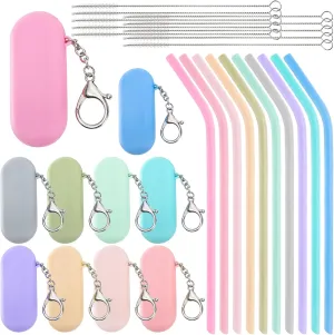 Set of 10 Silicone Straws with Case, Collapsible Angled Drinking Straw with Cleaning Brushes Keychain, Reusable Foldable Travel Straws for Home, Office, Cruise Ships, 10 Colors