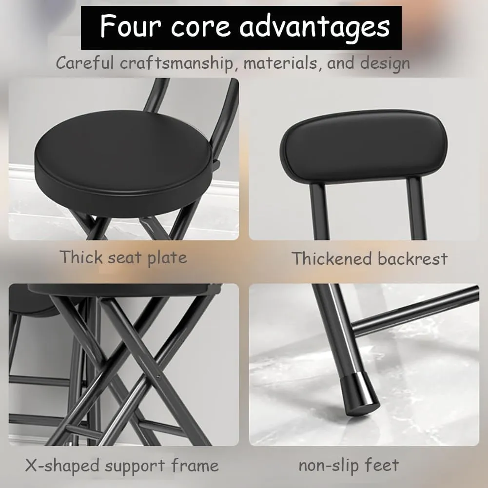 Set of 2 Portable Folding Round Stool,Cushioned Padded Folding Bar Stool,for Outdoor Indoor Fishing Hiking Gardening Travel（Sitting Height:17.7in）,Black-Seat Height 45cm 2 Piece