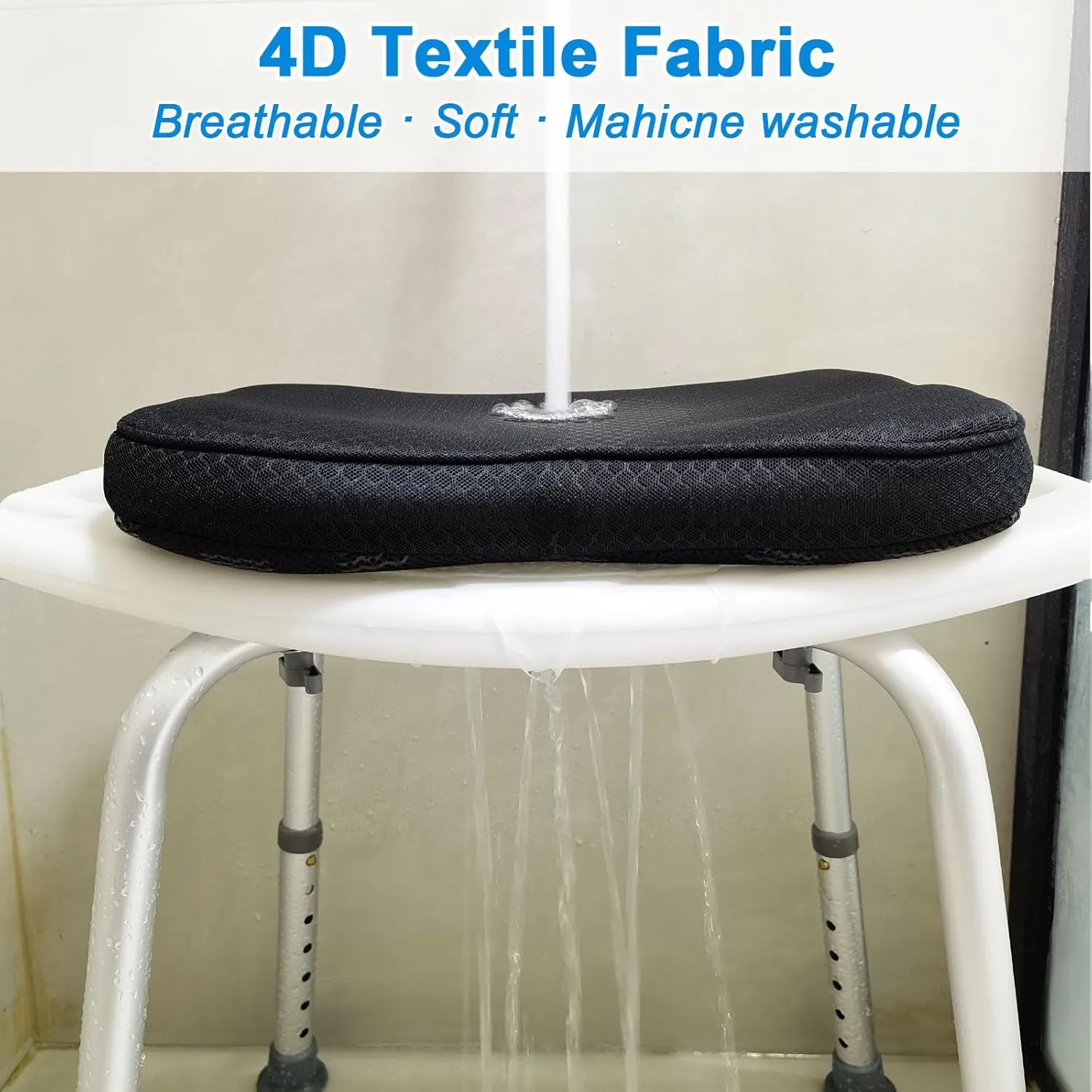 Shower Seat Cushion, Sauna Cushion for Transfer Benches in Bathtub, 4D Mesh Fabric Bath Chair Pad with Hook (Black)