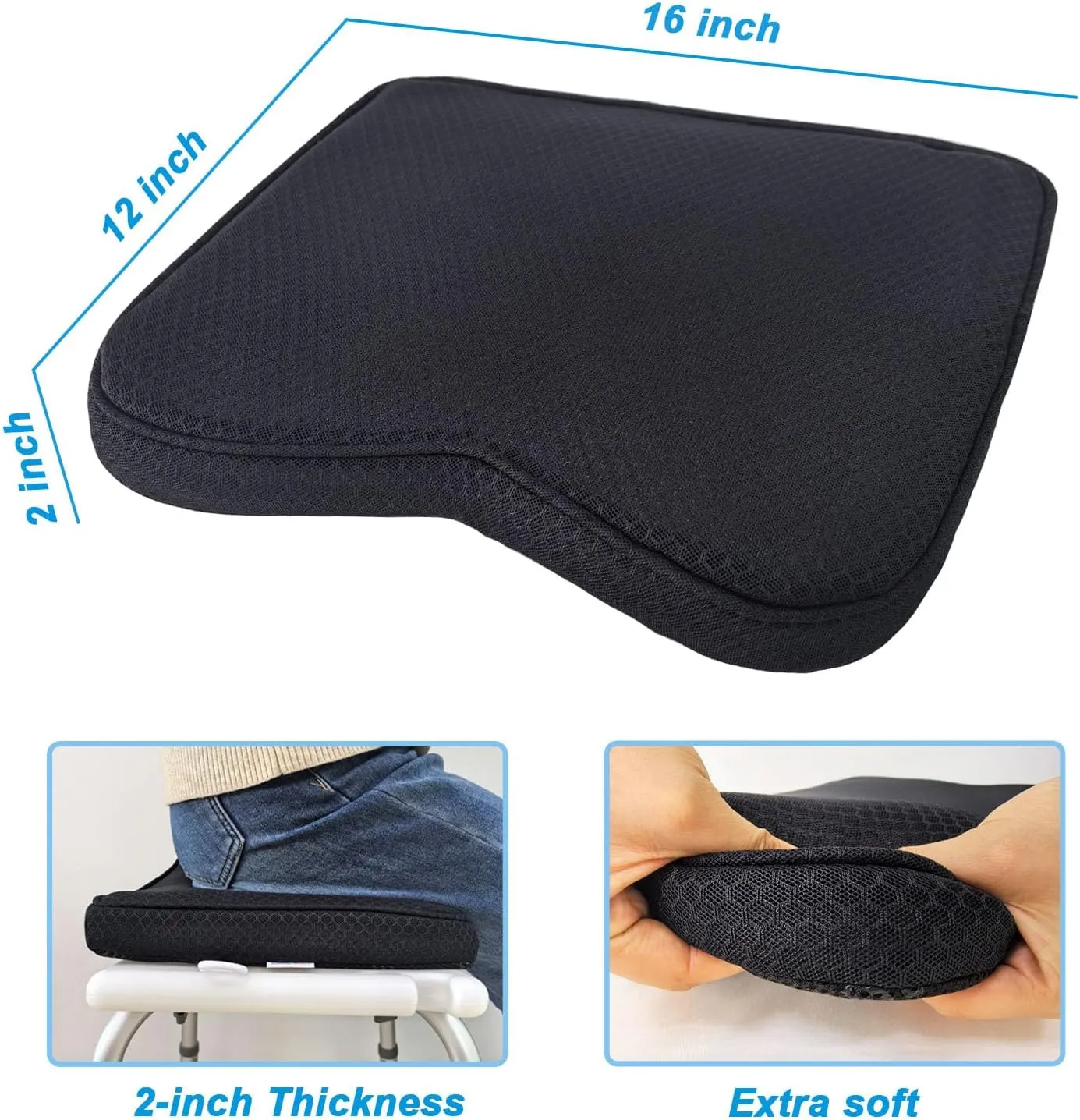 Shower Seat Cushion, Sauna Cushion for Transfer Benches in Bathtub, 4D Mesh Fabric Bath Chair Pad with Hook (Black)